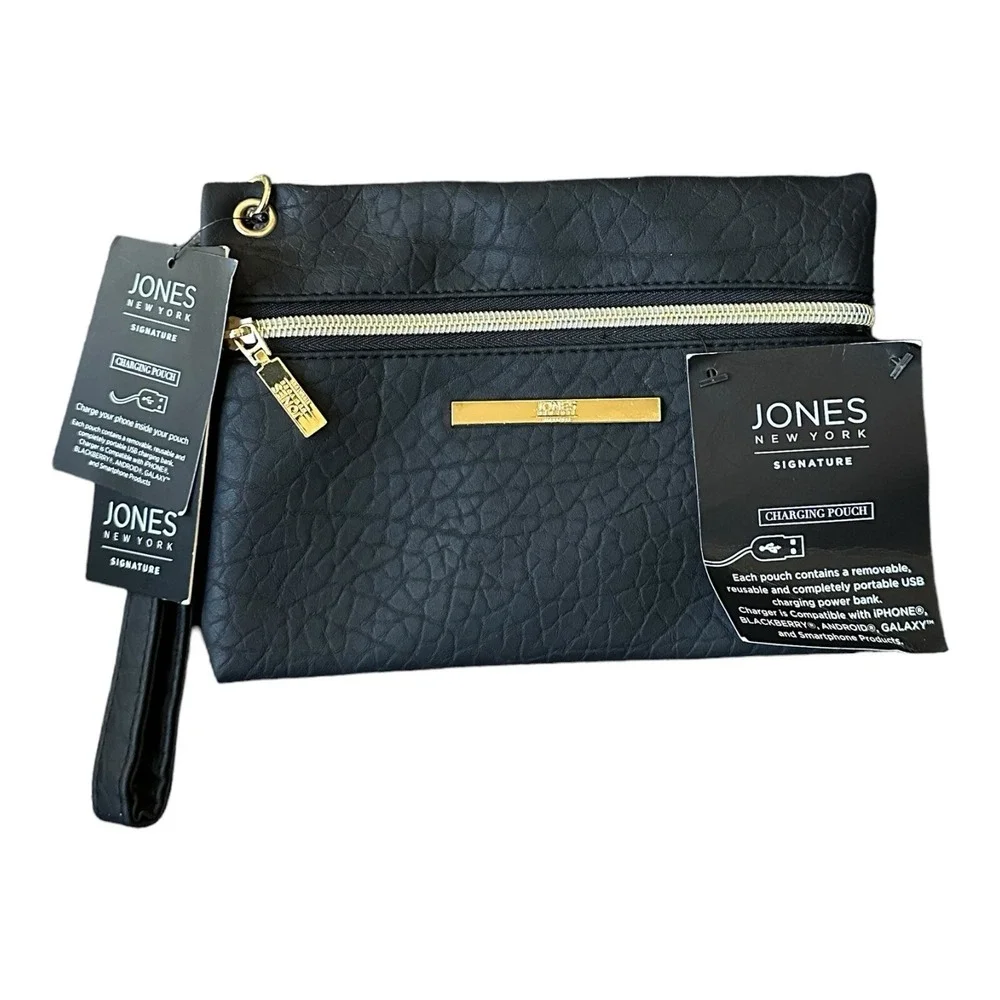 JONES NEW YORK Wristlet‎ Wallet Bag  Black Zip Black NWT Charging Pouch
